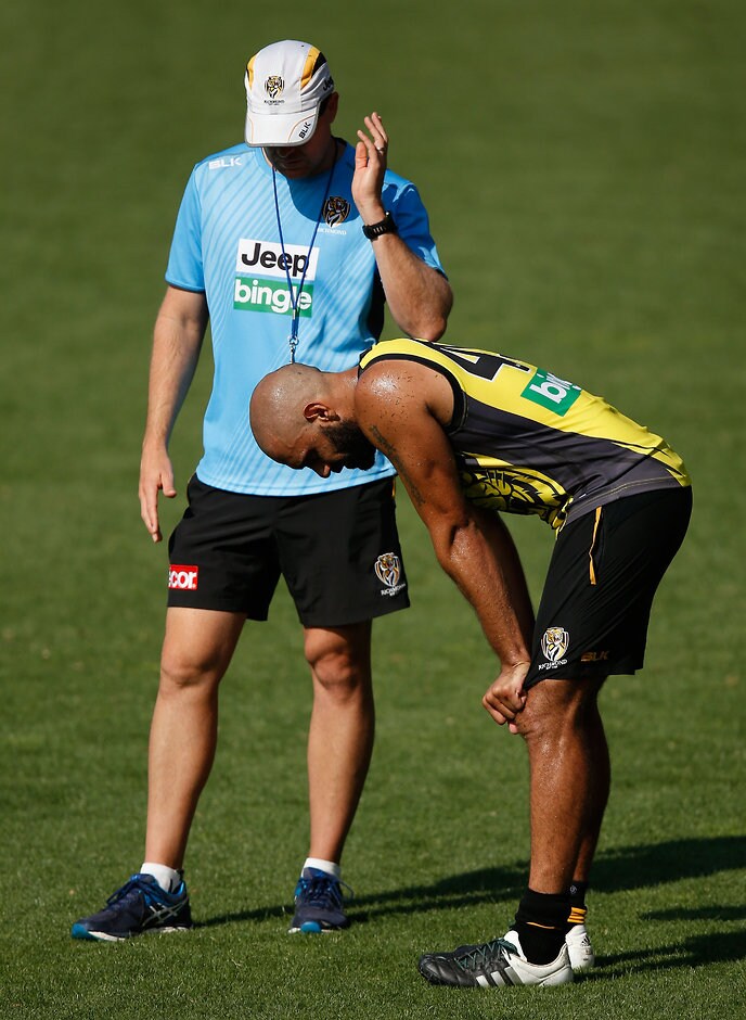 AFL 2016 Training - Richmond Training 150316 Chris Yarran feels the pinch at Richmond training - ${keywords}